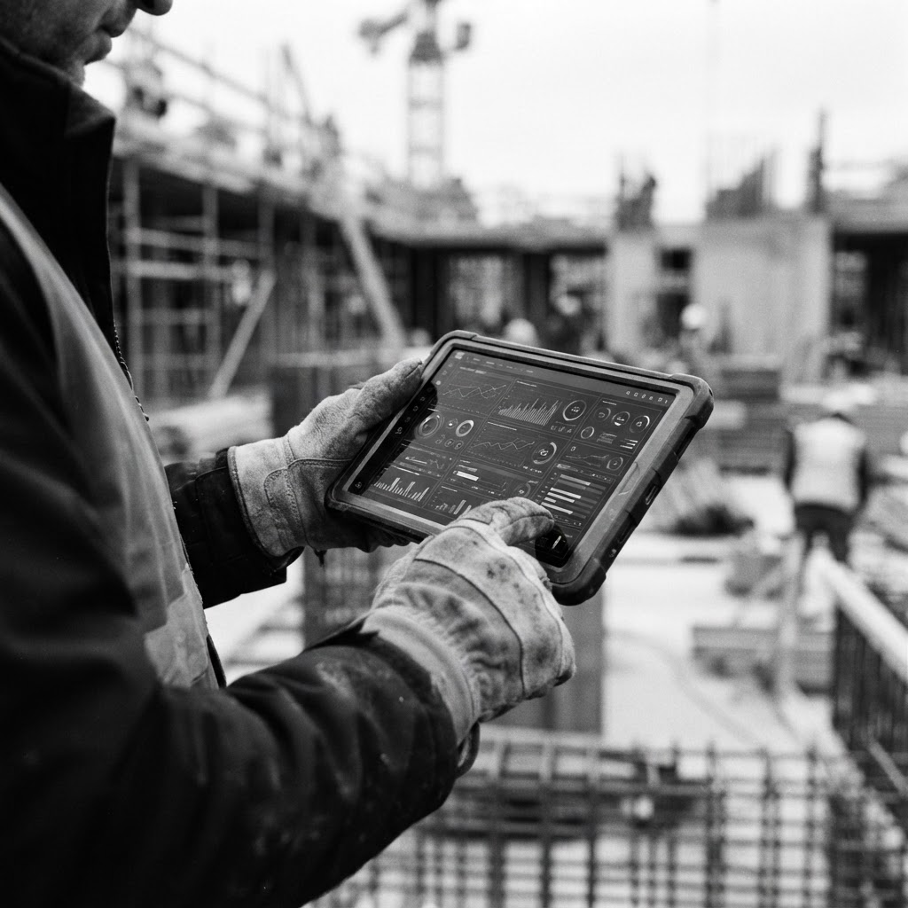 Hände halten ein Tablet mit Prozessübersicht auf einer Baustelle